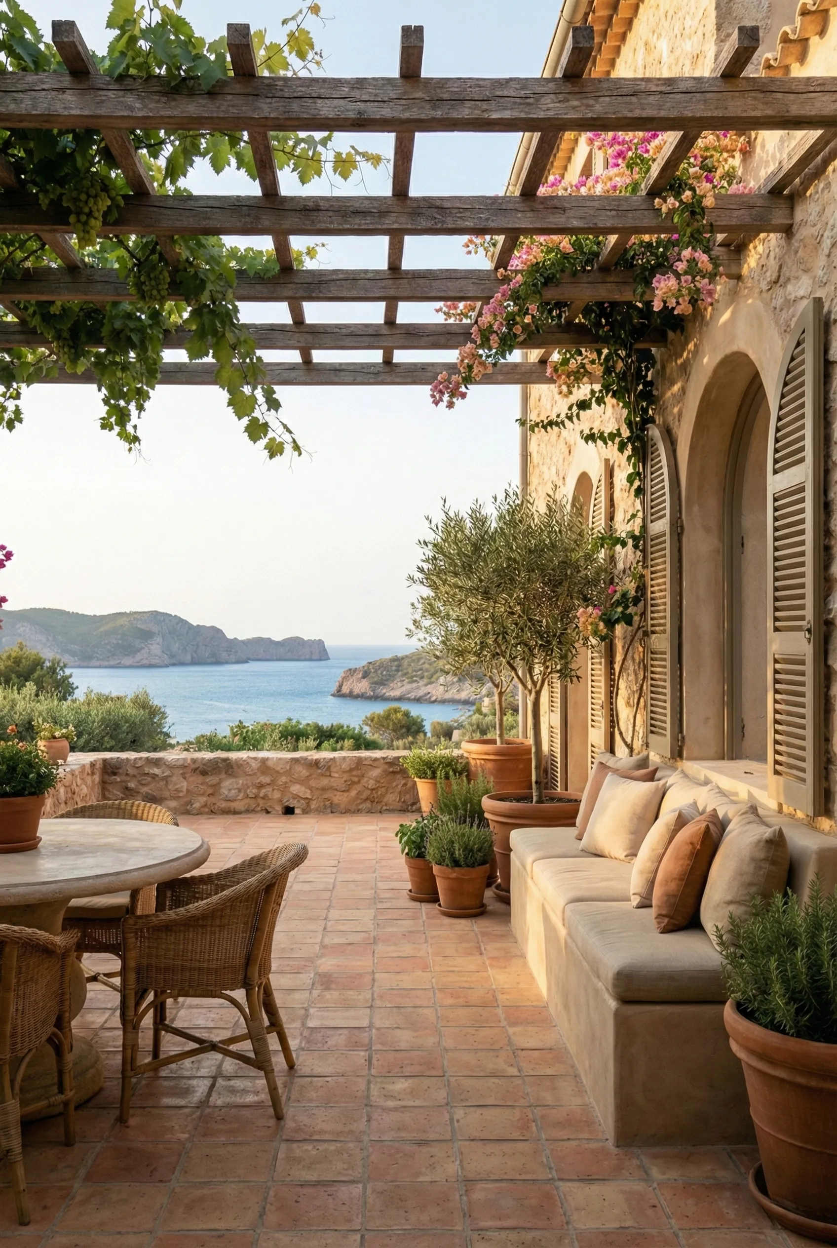 A Mediterranean terrace with a wooden pergola and bougainvillea, overlooking the coast at golden hour