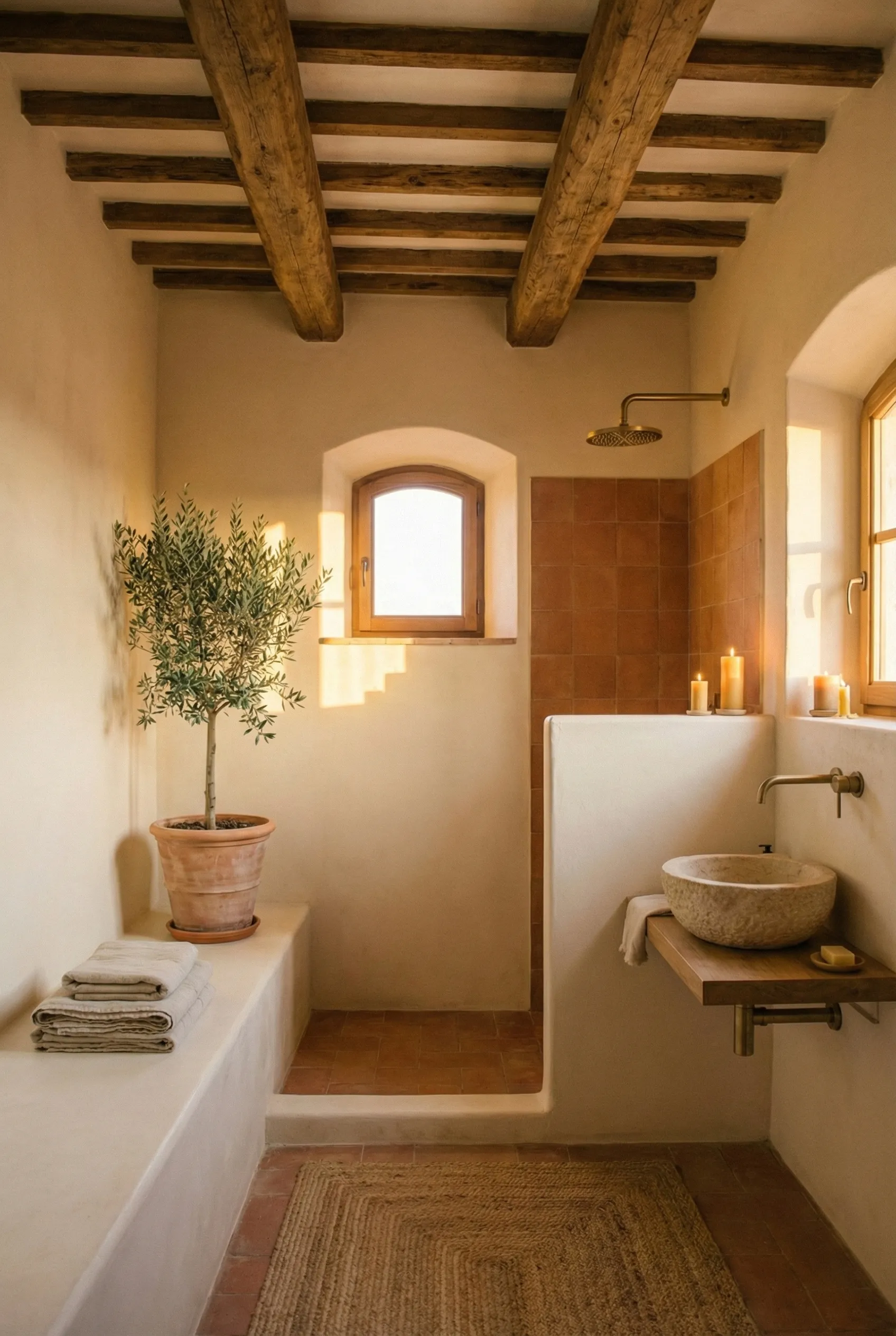 A small Mediterranean bathroom with terracotta tile, a stone basin, and an olive tree by the window