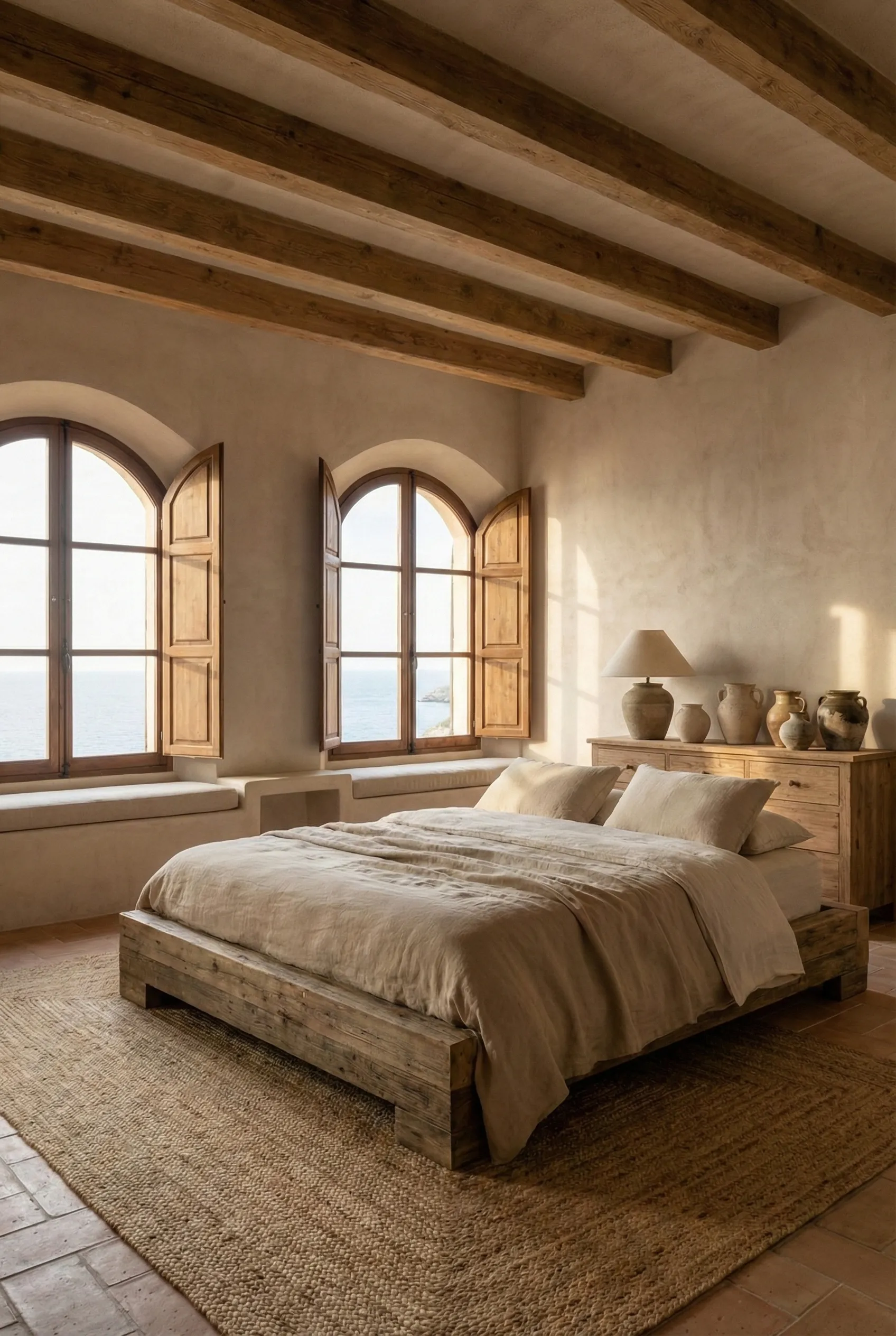 A serene Italian bedroom with arched windows opening to the sea, linen bedding, and warm wood beams