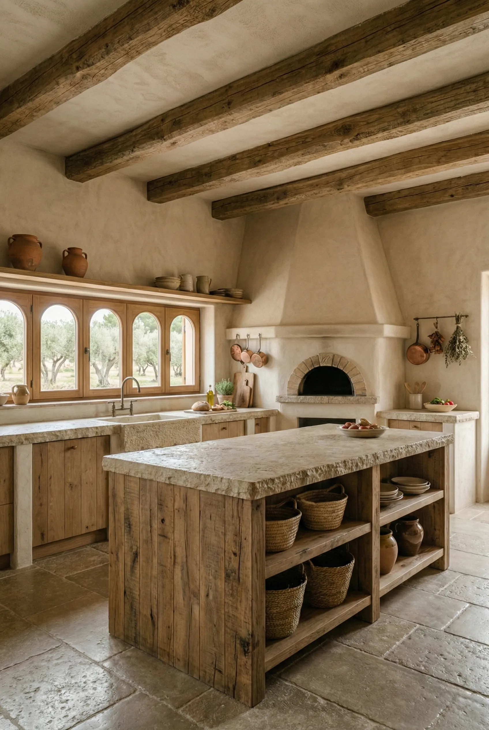 A rustic Italian kitchen with terracotta accents, exposed wood beams, and arched windows over olive groves