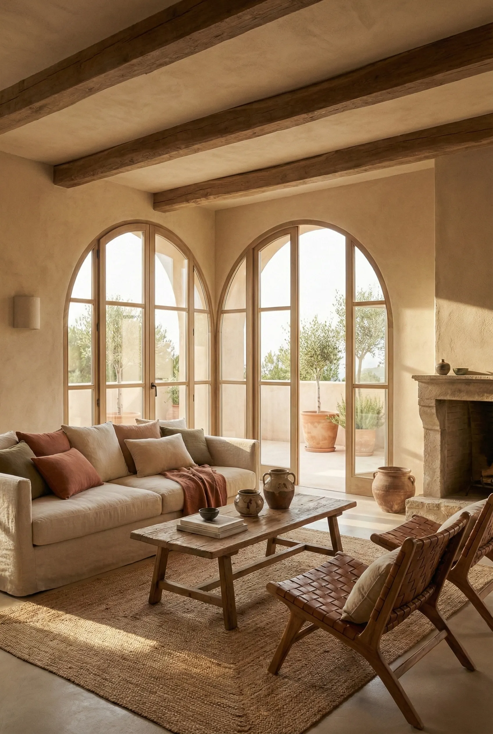 An Italian living room with arched glass doors, terracotta accent pillows, and a stone fireplace