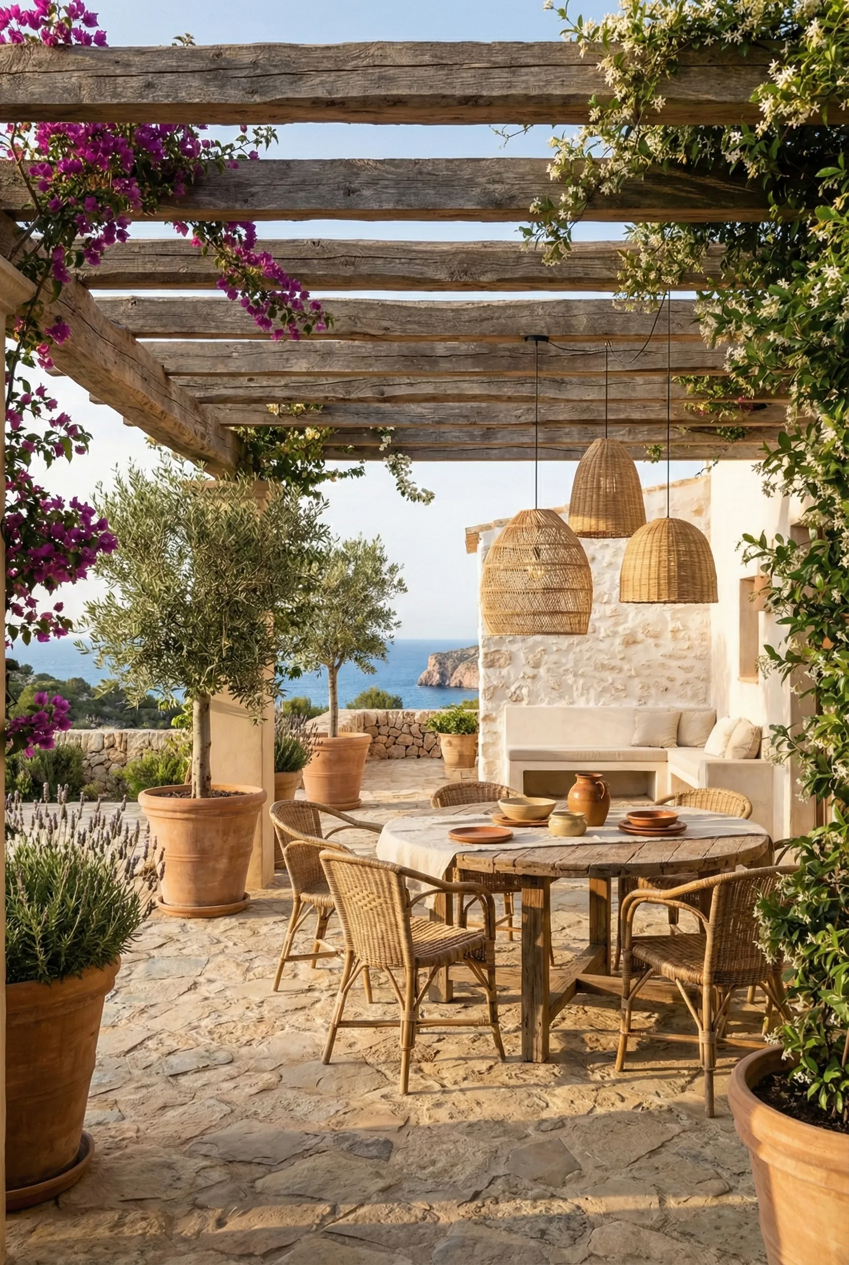 A Mediterranean outdoor terrace with a wooden pergola, bougainvillea, and a rattan dining set overlooking the sea